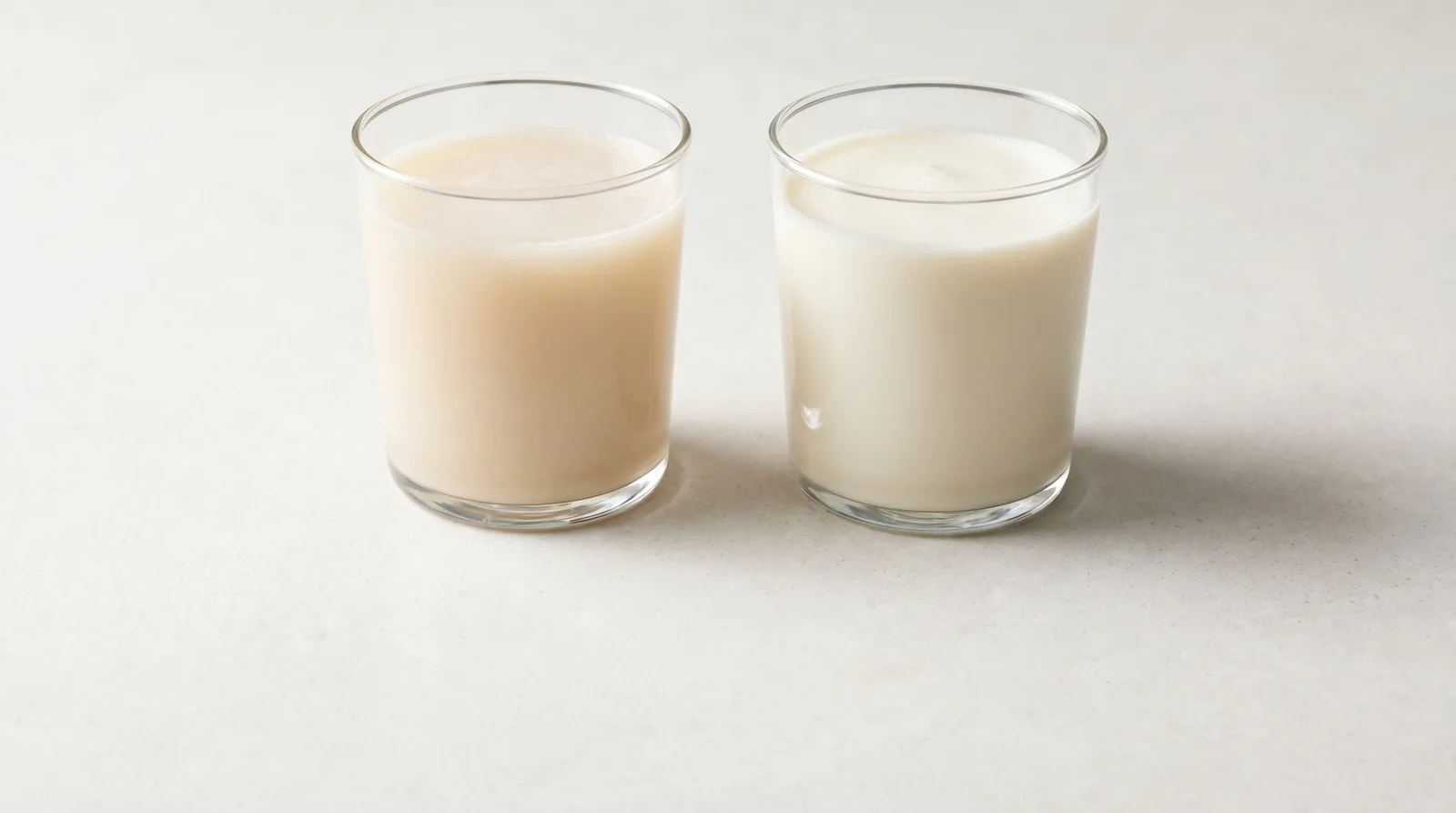 Two glasses of protein shake side by side: one mixed with water, one whiter shake mixed with milk