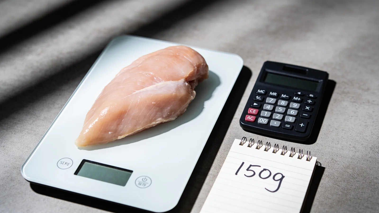 Raw chicken breast on a digital kitchen scale beside a calculator and notepad reading 150g