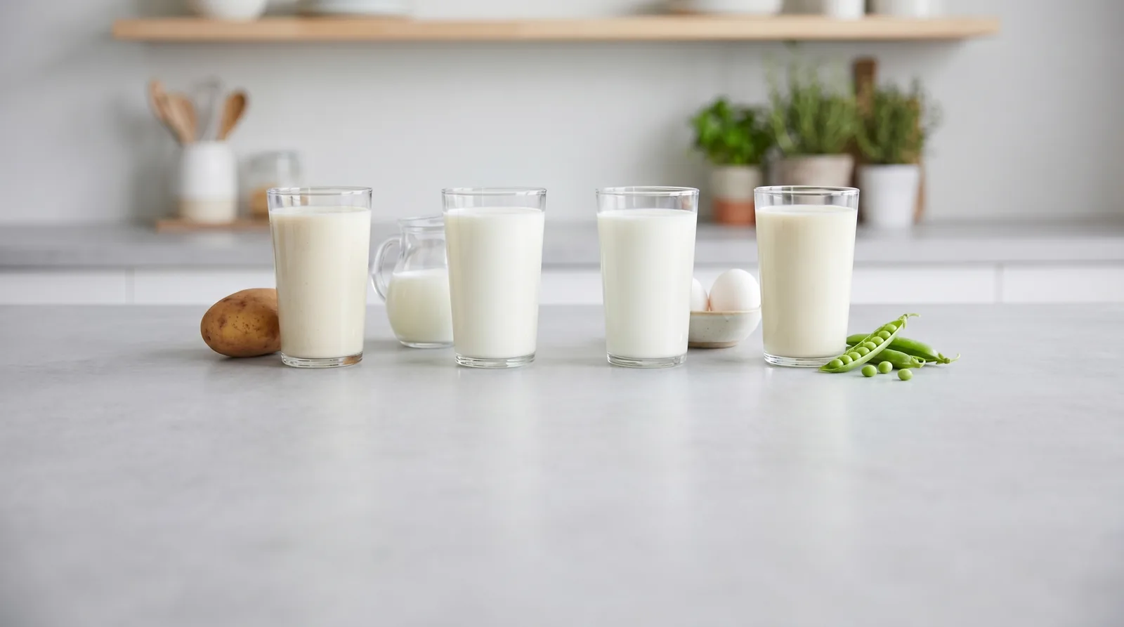 Four glasses of protein shakes on a kitchen counter beside a potato, eggs, and fresh pea pods