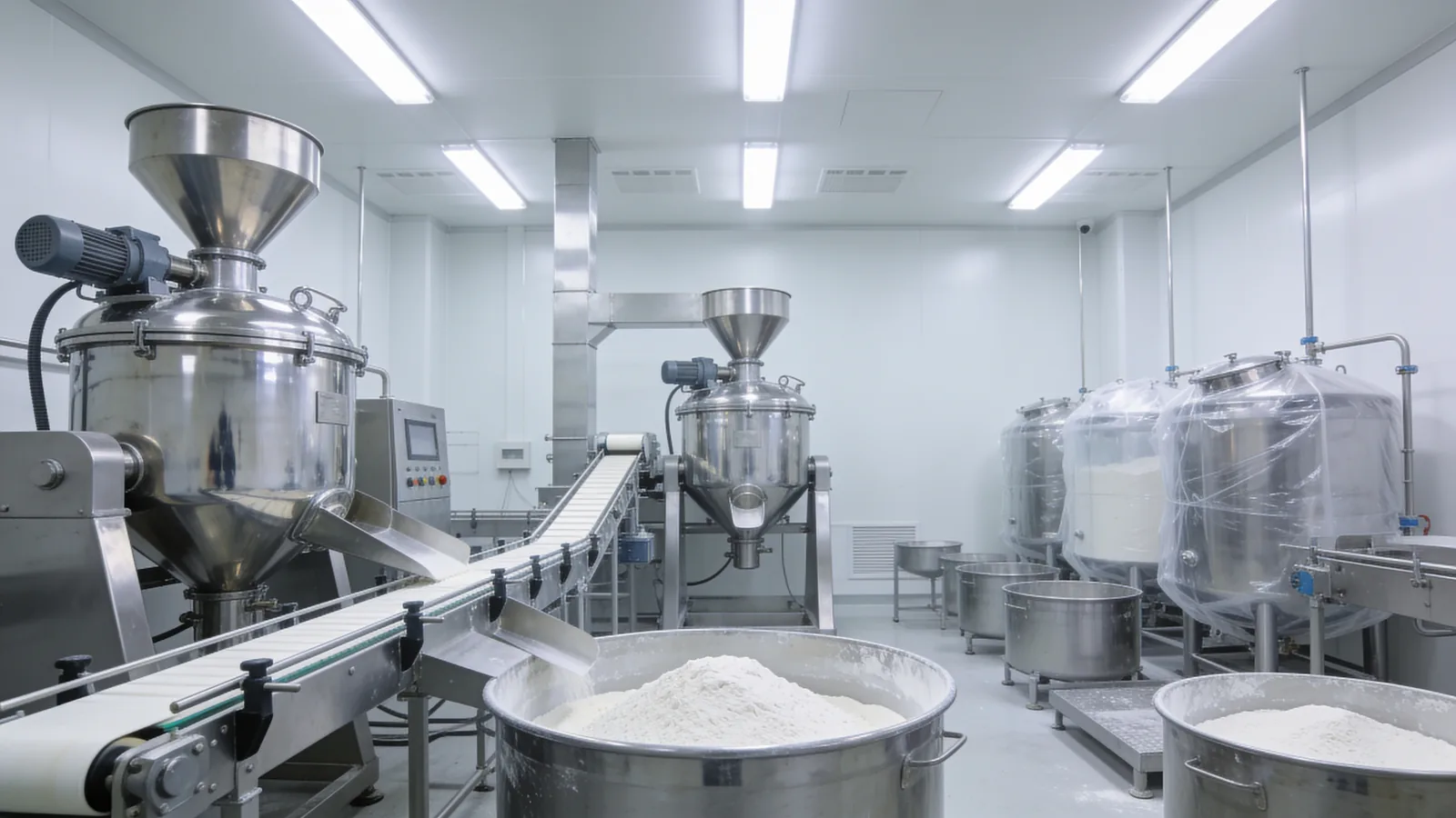 Stainless-steel processing facility with conveyor and tanks of white protein powder in open bins