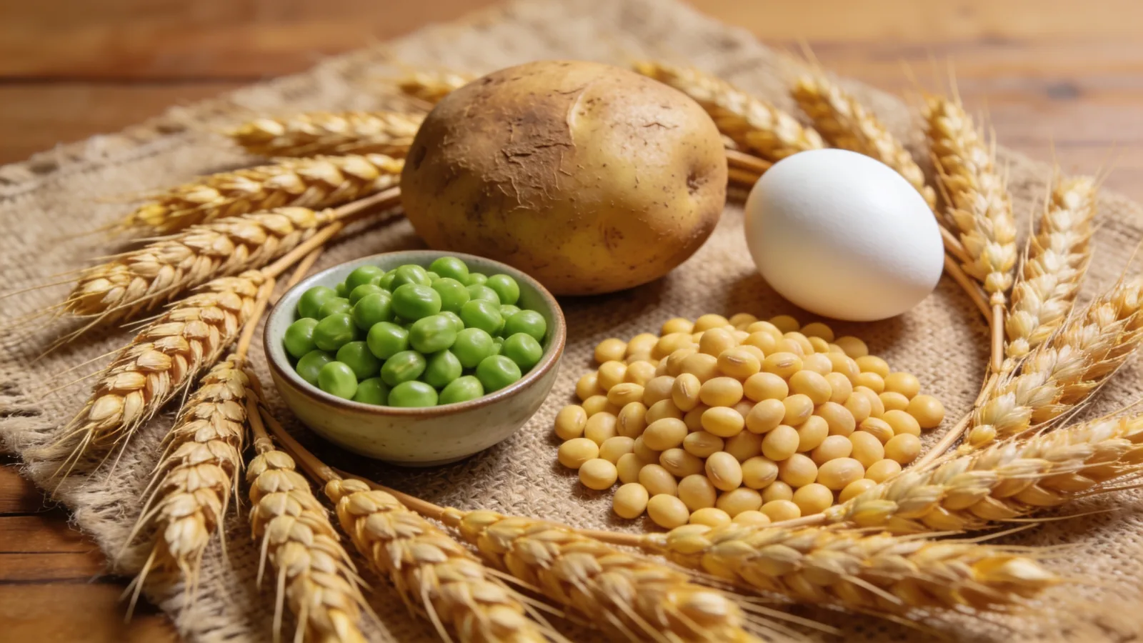 Whole protein sources—potato, egg, bowl of green peas, soybeans—ringed by wheat ears on burlap