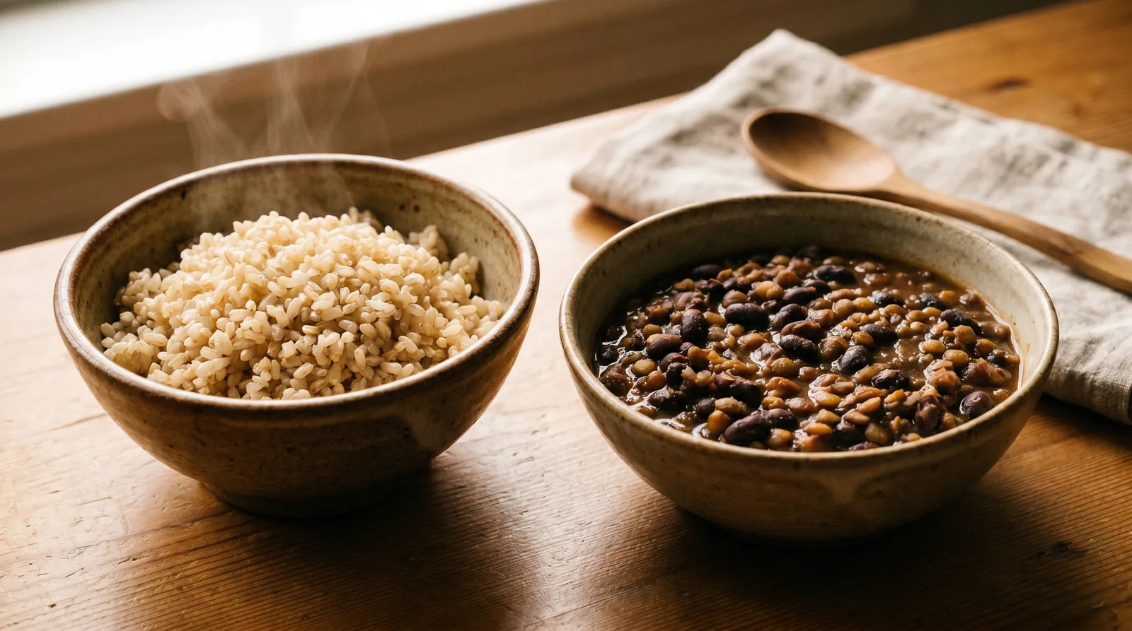 Bowl of steaming cooked brown rice beside a bowl of cooked beans and lentils on a wooden table