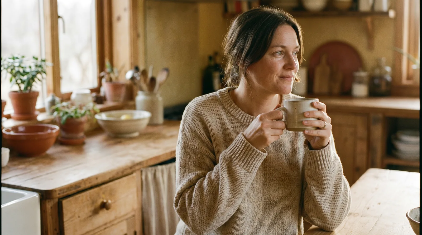 Woman in a rustic kitchen sipping a protein drink from a mug, illustrating daily protein intake with CKD