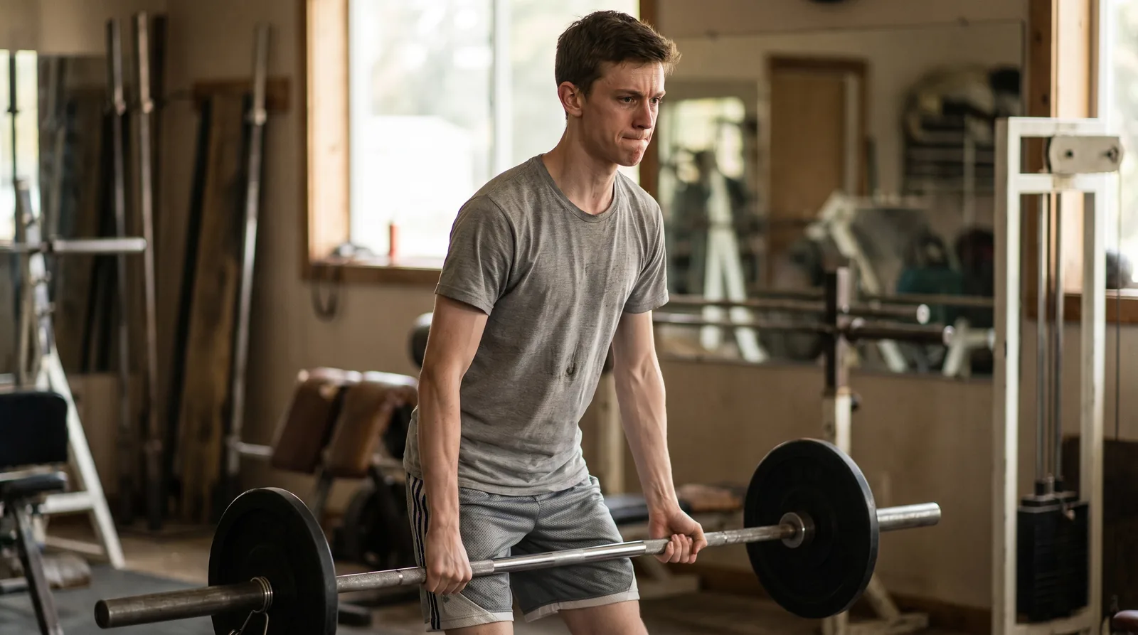 Lean skinny man straining to lift a loaded barbell in a gym, working to gain weight and muscle