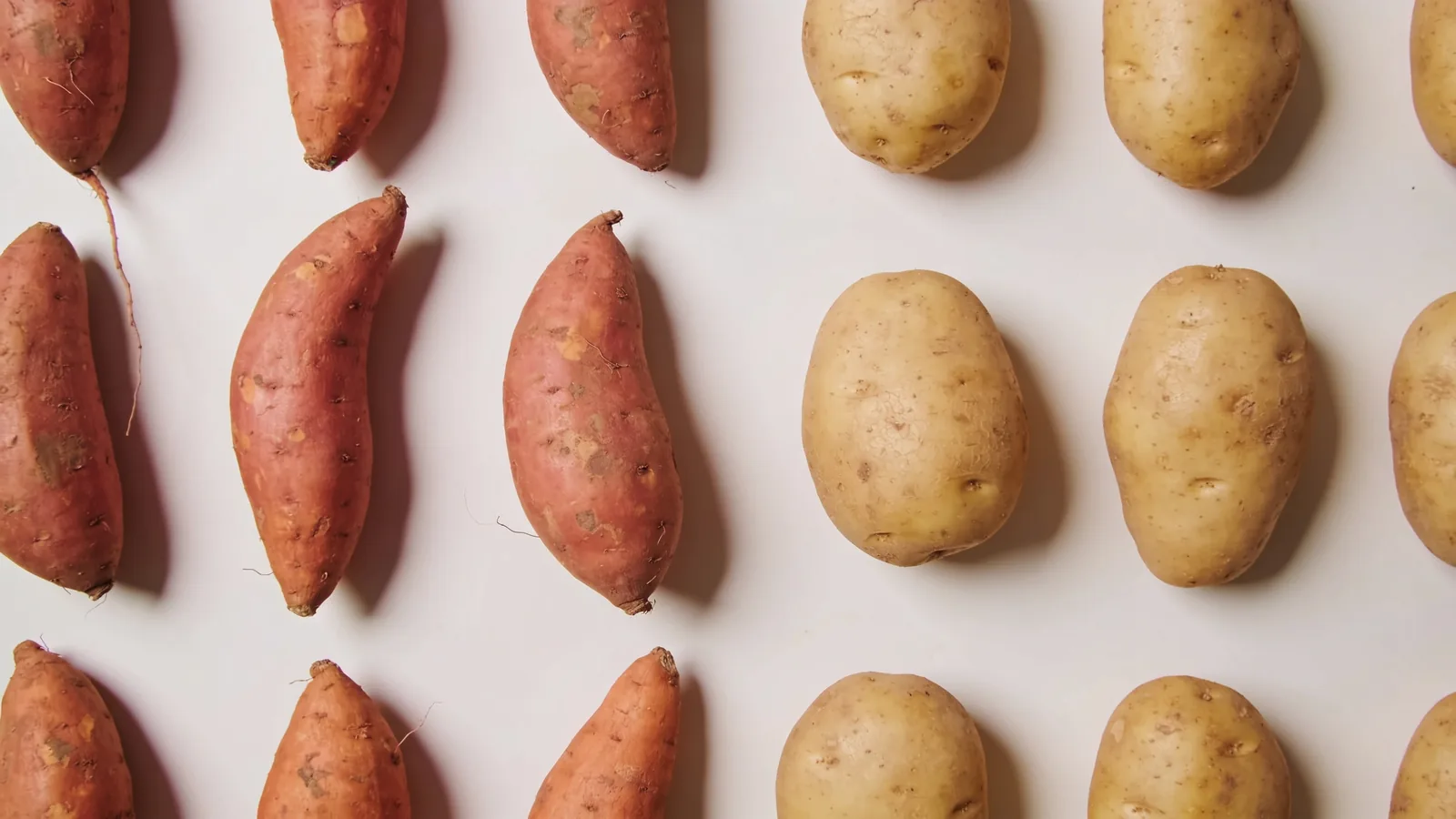 Rows of orange sweet potatoes beside rows of pale white potatoes on a light surface, viewed from above.