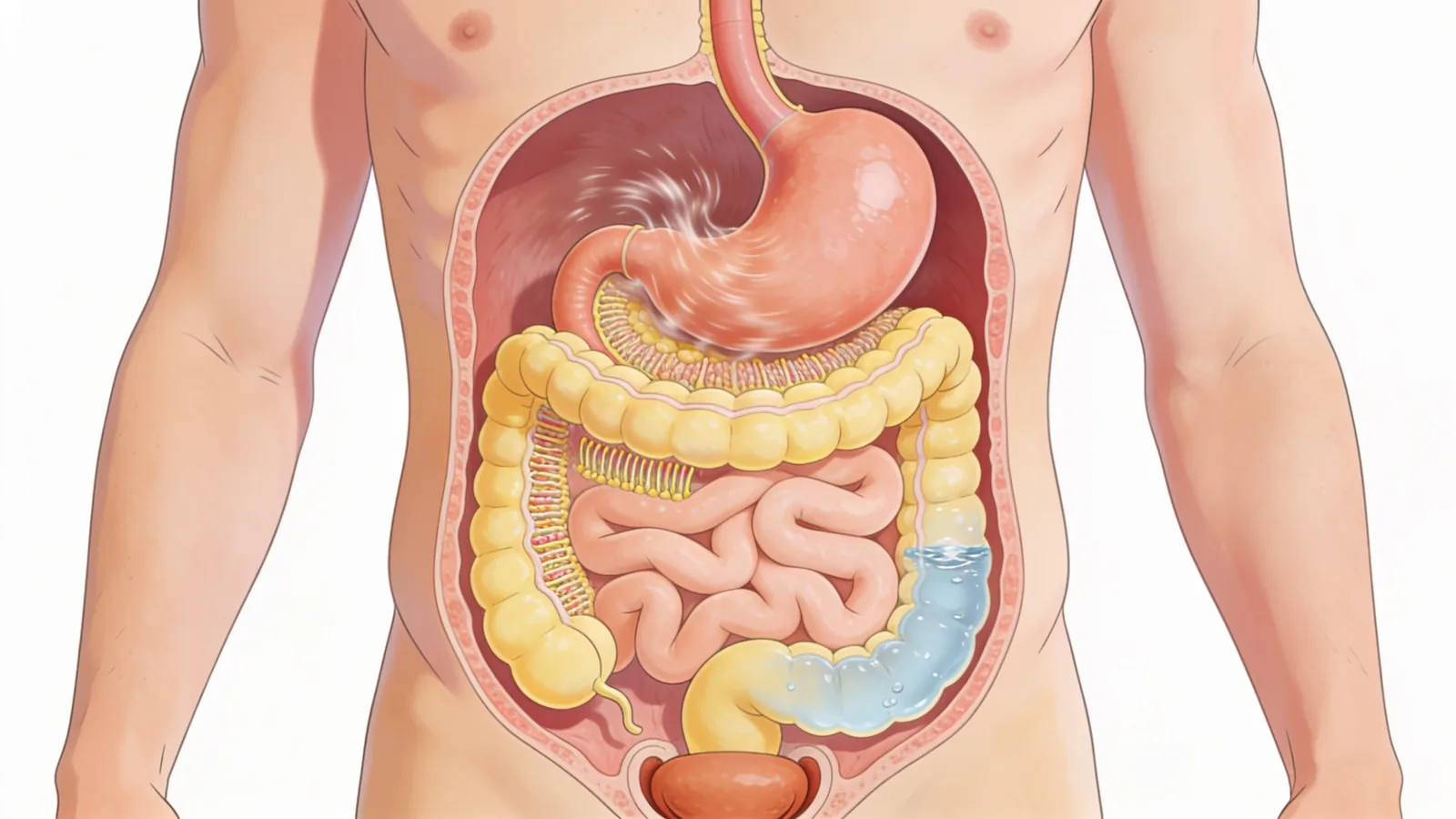 Anatomical illustration of the human digestive tract showing stomach, small intestine and colon where protein is absorbed