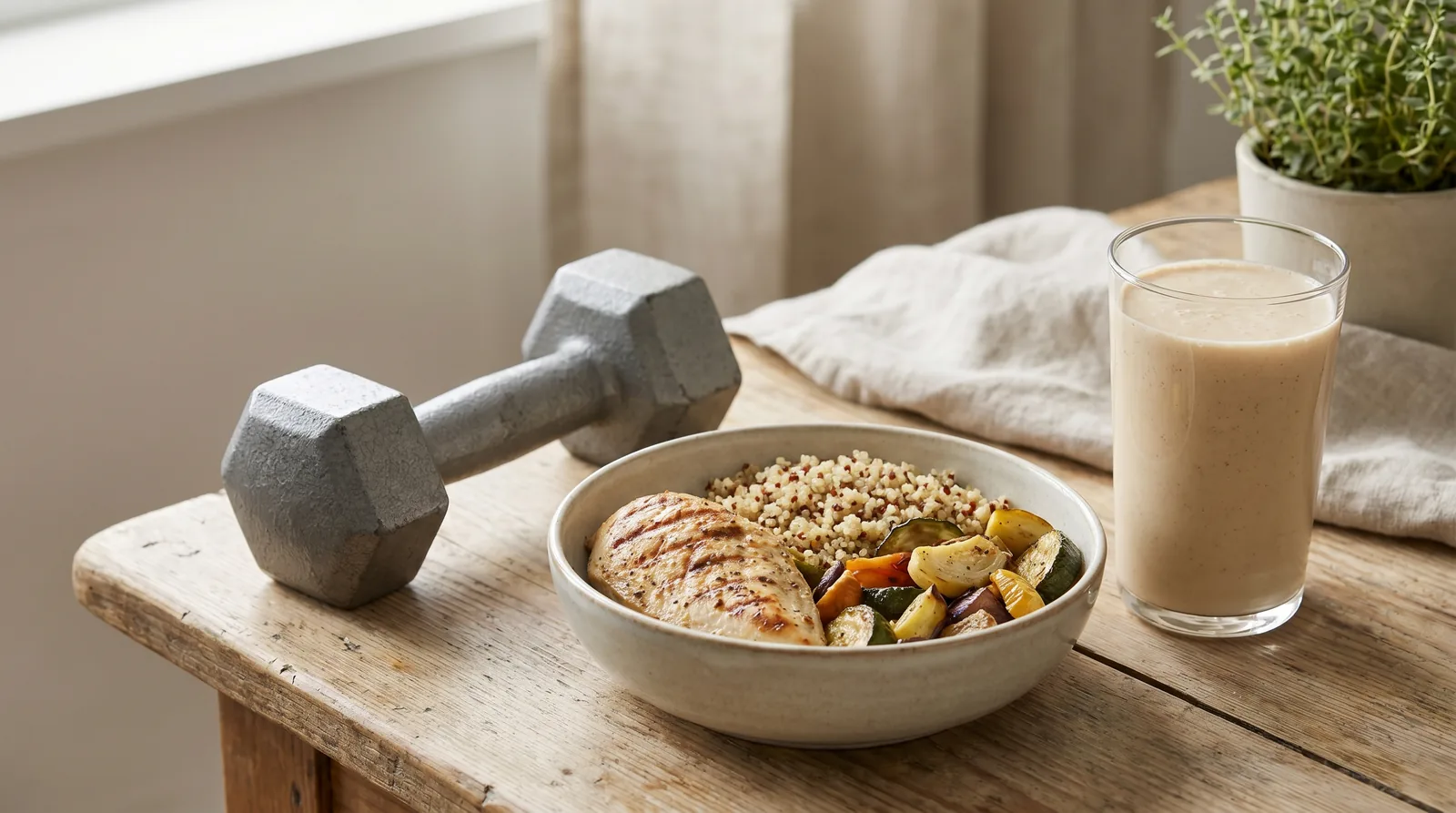 Post-workout protein meal: grilled chicken, quinoa and vegetables in a bowl beside a protein shake and a dumbbell