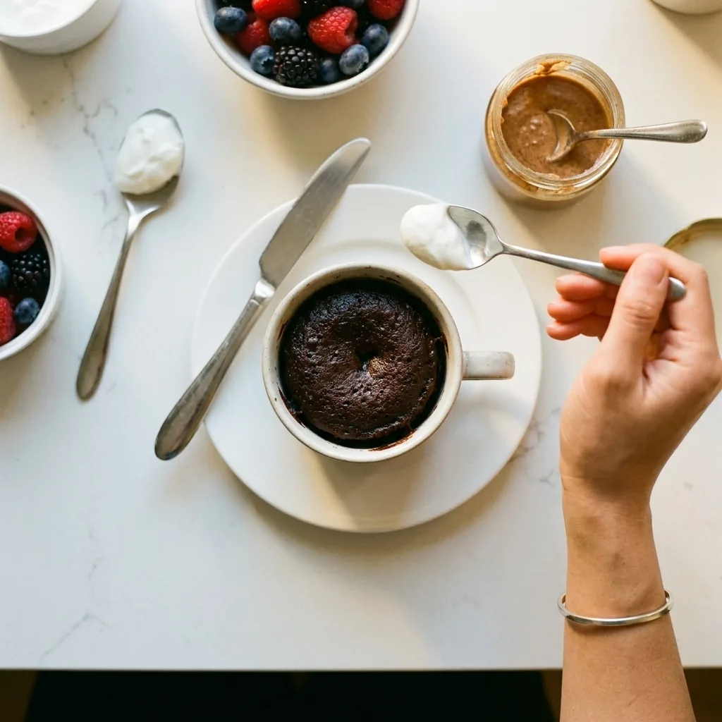 Chocolate protein mug cake on a saucer, hand spooning yogurt on top, fresh berries and nut butter nearby