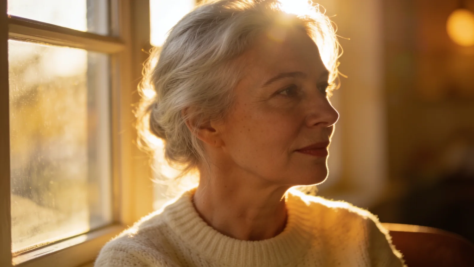 Gray-haired woman over 50 in a cream knit sweater by a sunlit window, profile view