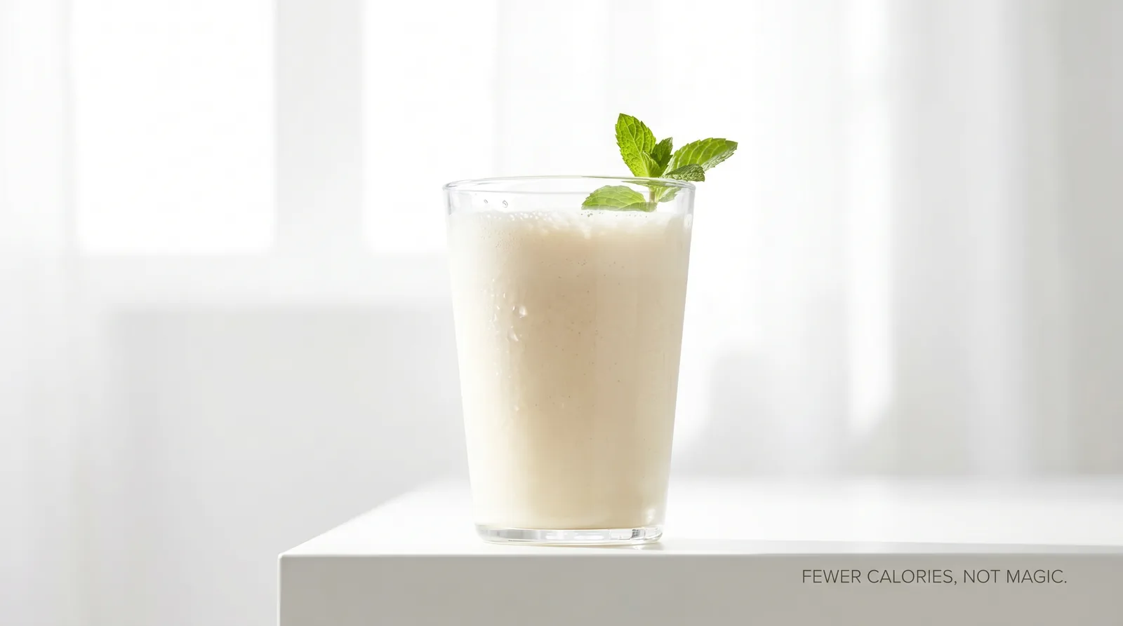 Glass of pale, blended meal-replacement shake garnished with mint on a white surface in bright light