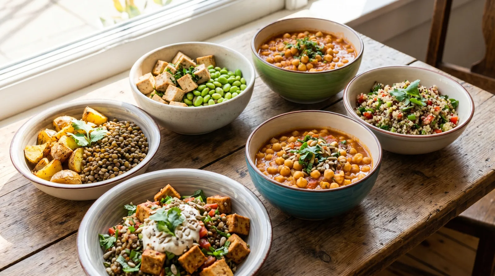 Bowls of plant-based proteins: tofu, edamame, lentils, chickpeas, quinoa salad and roasted potatoes on a wood table
