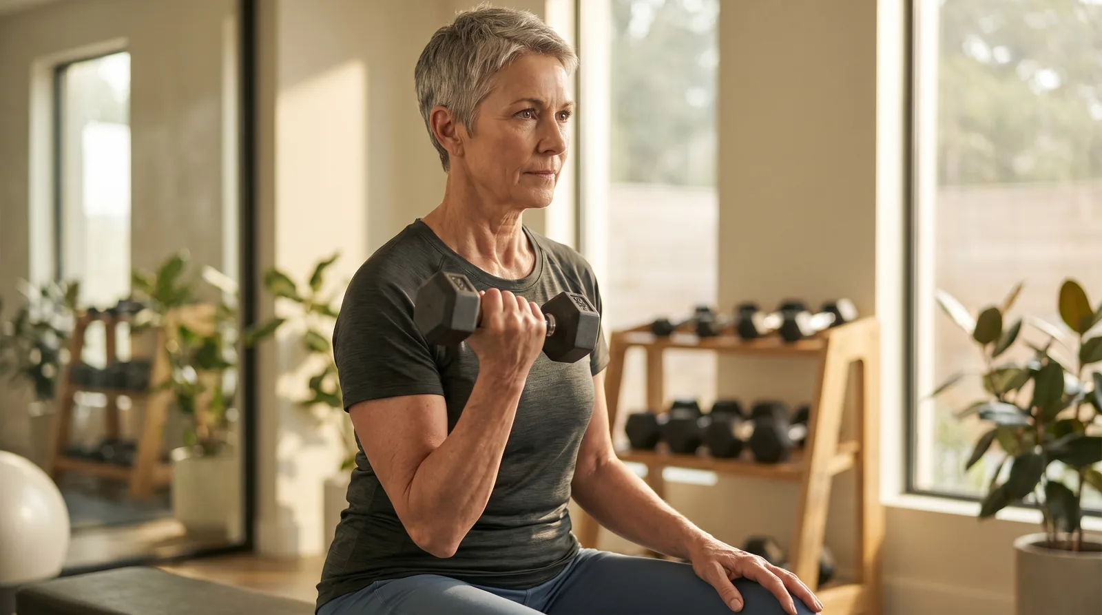 Older woman doing a seated dumbbell curl in a sunlit home gym with a weight rack behind her