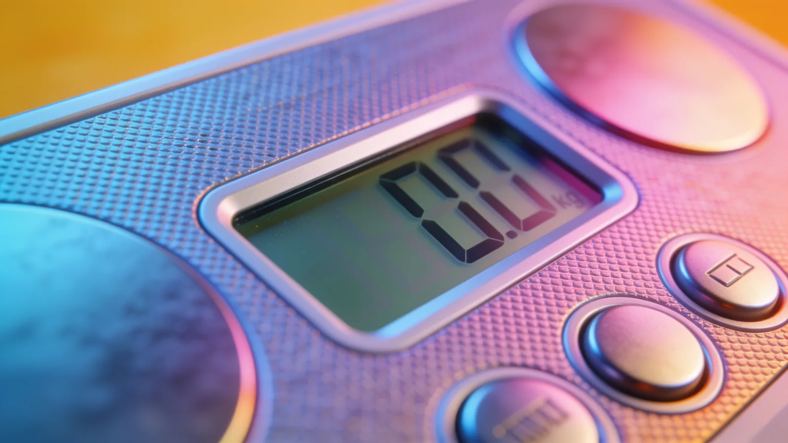 Close-up of a digital bathroom scale display reading 0.0 kg, the number that goes up with weight gain