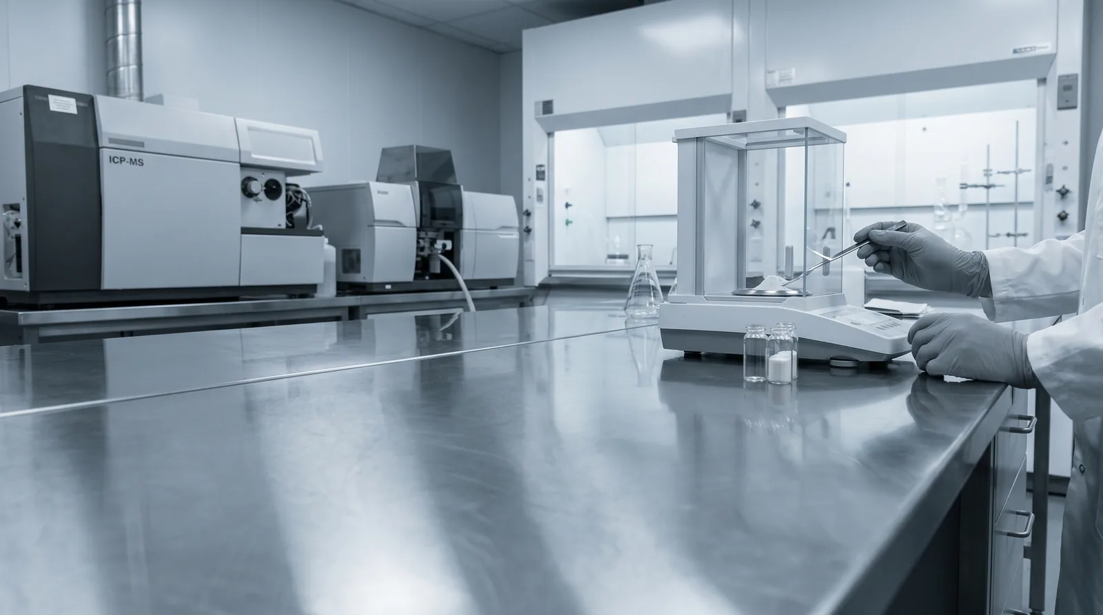 Gloved technician weighing protein powder on an analytical balance beside ICP-MS instruments used for heavy metal testing