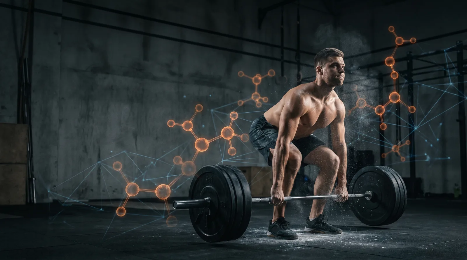 Athlete gripping a loaded barbell deadlift in a gym, surrounded by glowing amino acid molecule graphics