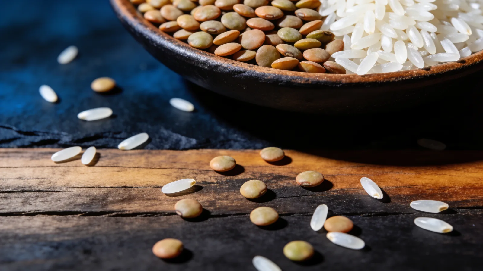 Wooden bowl of dry green lentils and white rice, two plant foods combined for complete protein, on a rustic table