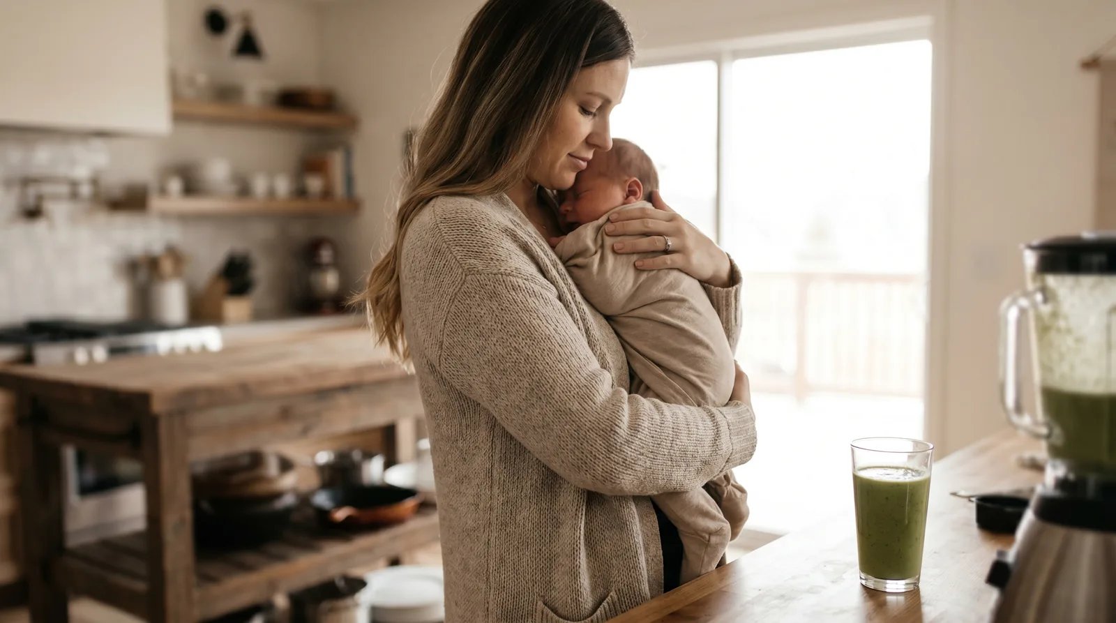 Breastfeeding mom holding her newborn in a kitchen beside a green protein smoothie and blender
