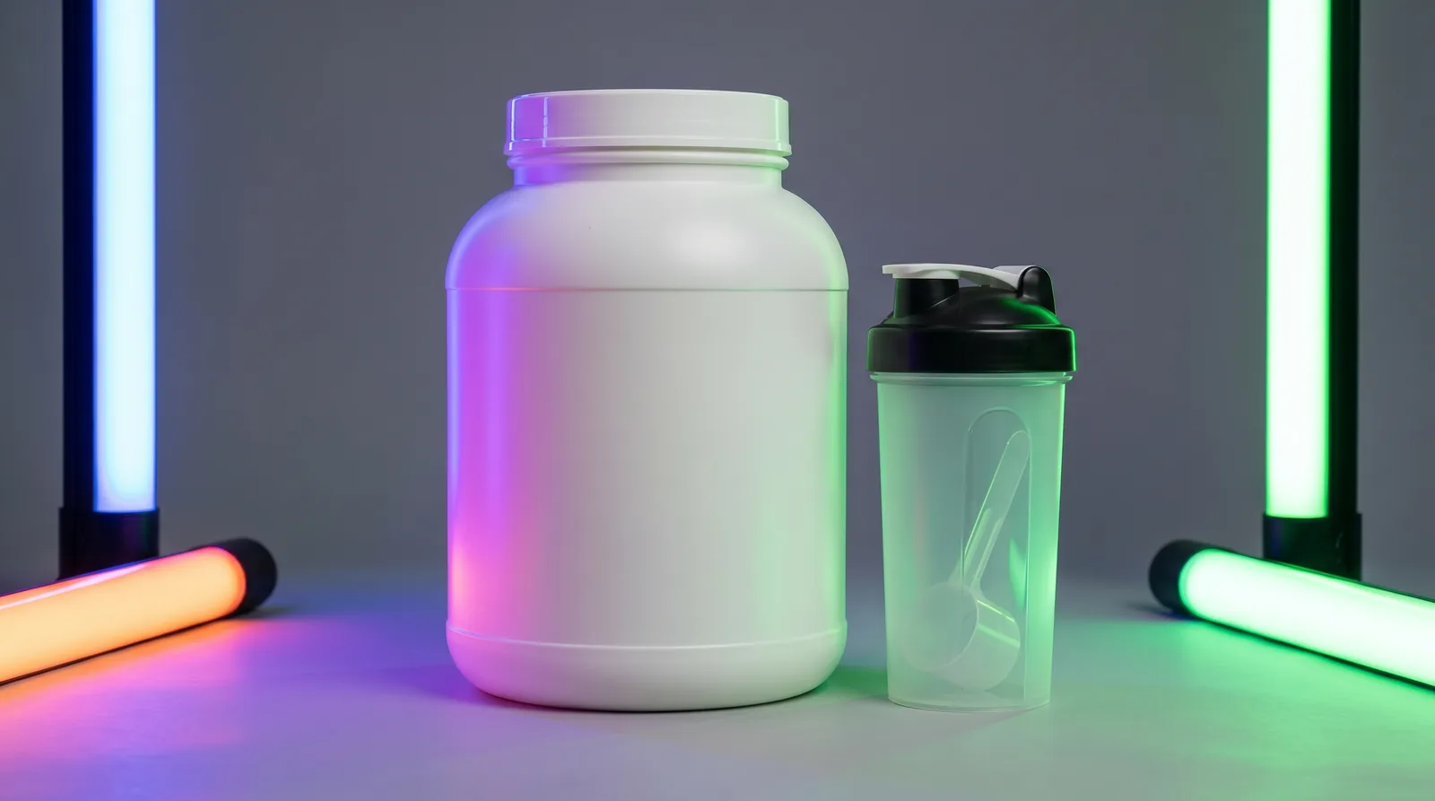 Large unlabeled white mass gainer protein powder tub beside a clear shaker bottle with scoop under neon lights