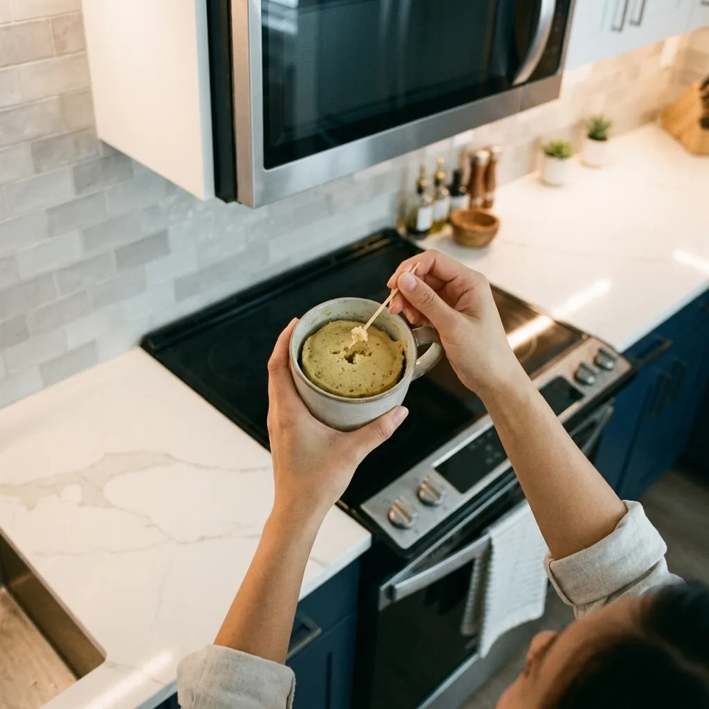 Hand inserting a toothpick into a risen protein mug cake beside an open microwave and empty batter bowl