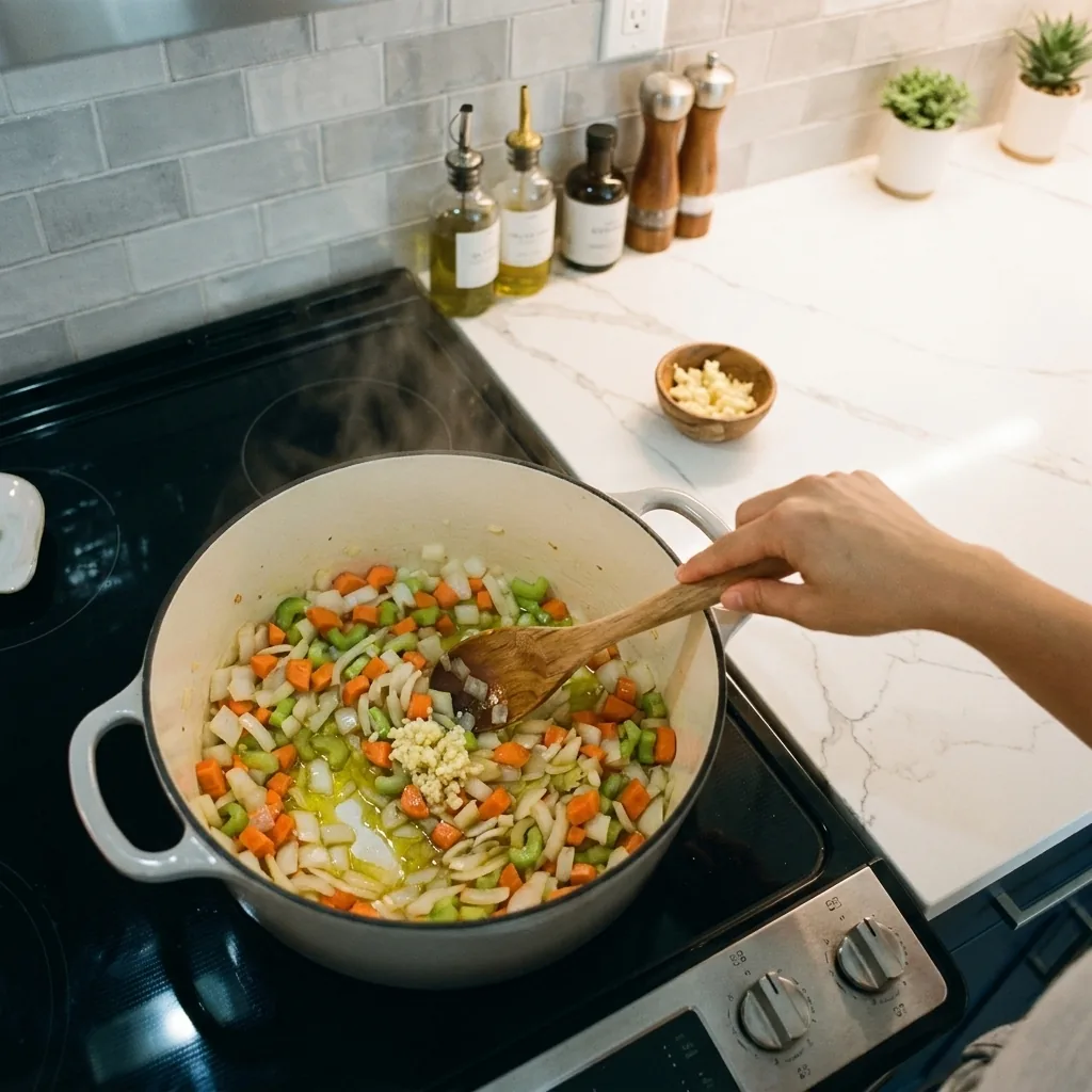 Hand stirring diced onion, carrots, and celery with minced garlic in olive oil in a large pot on the stovetop
