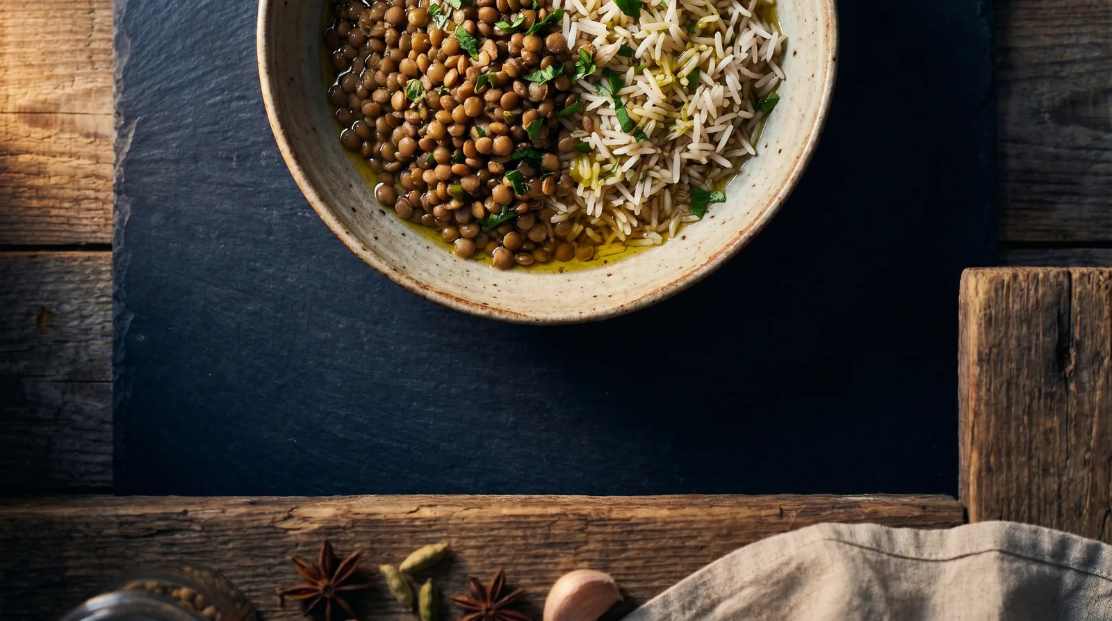 Bowl of cooked lentils and rice, two incomplete-protein foods that combine into a complete amino acid profile