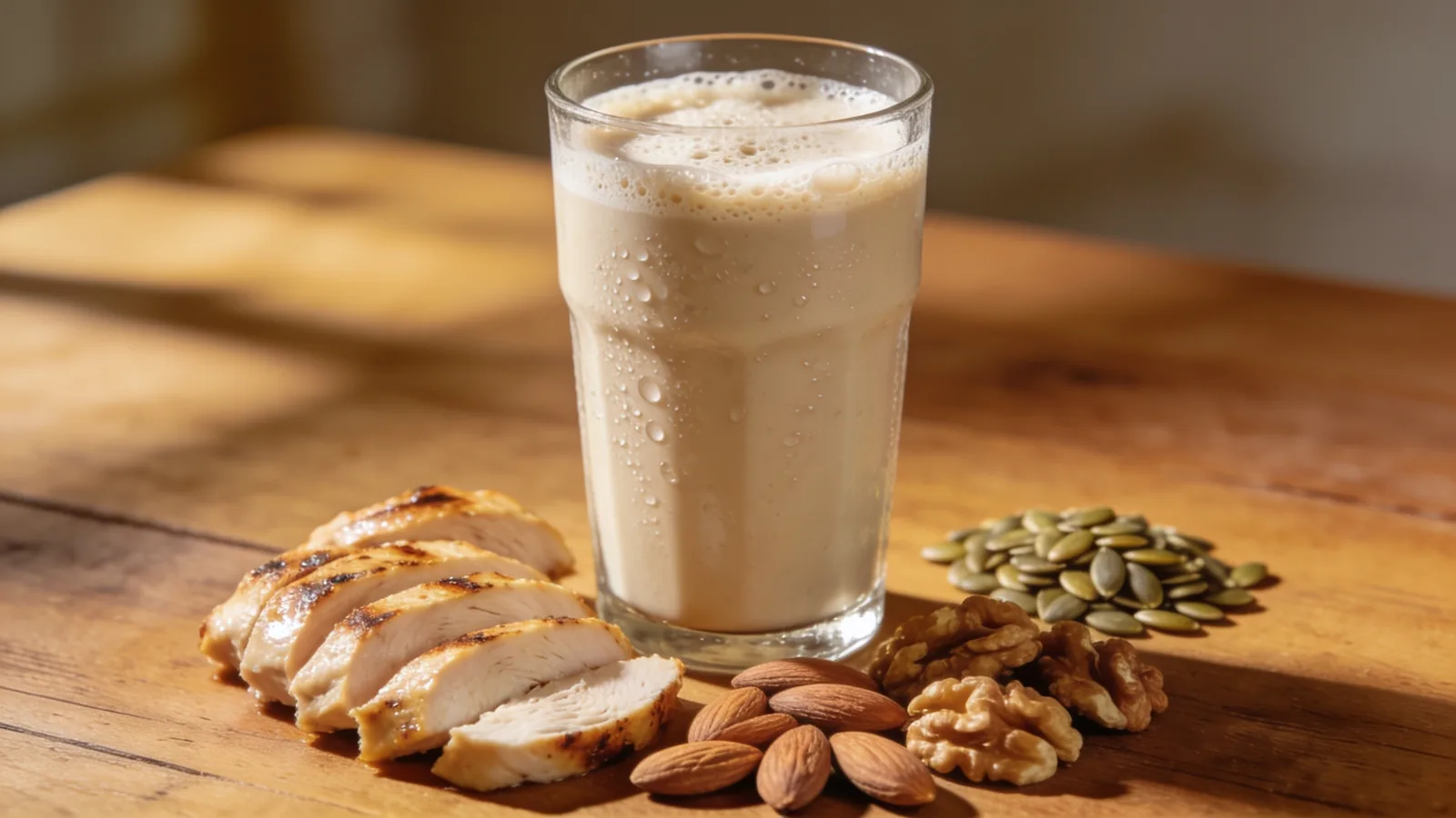 Tall glass of frothy protein shake on a wood table beside sliced grilled chicken, almonds, walnuts and pepitas