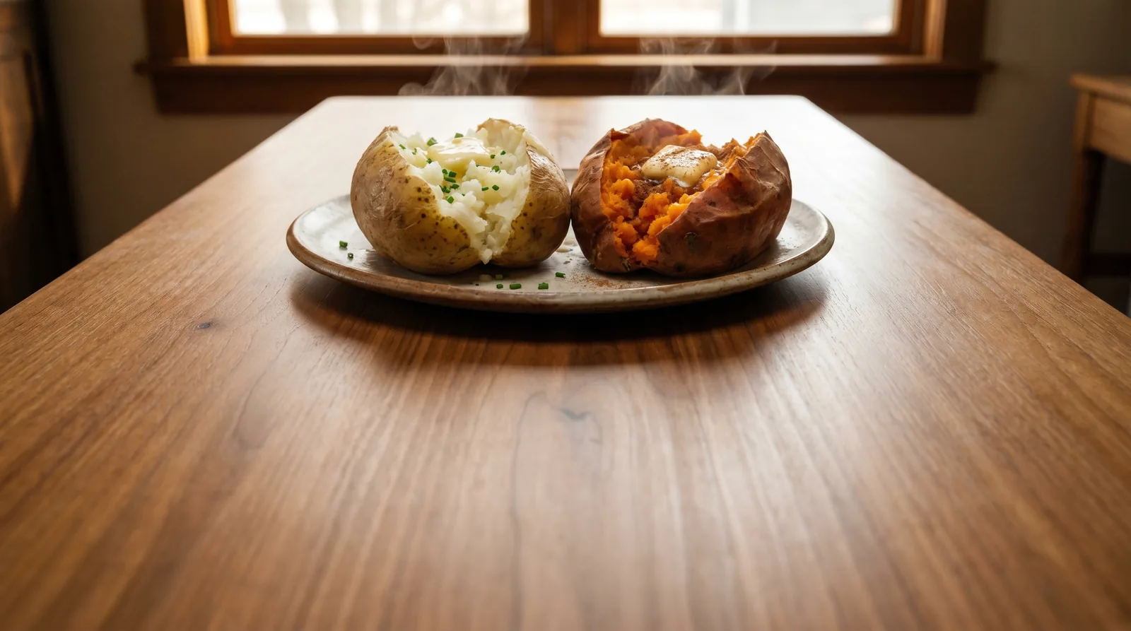 Steaming split baked potato with chives and baked sweet potato, both topped with butter, on a plate