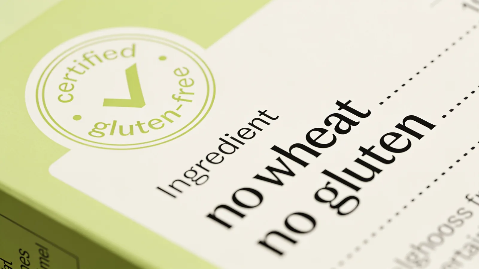 Close-up of a product label with a certified gluten-free seal and "no wheat, no gluten" ingredient text