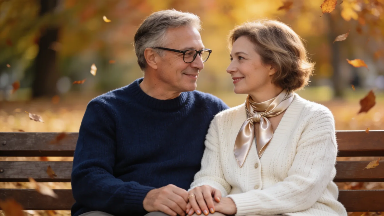 Smiling older couple holding hands on a park bench in autumn, the age group weighing protein for health