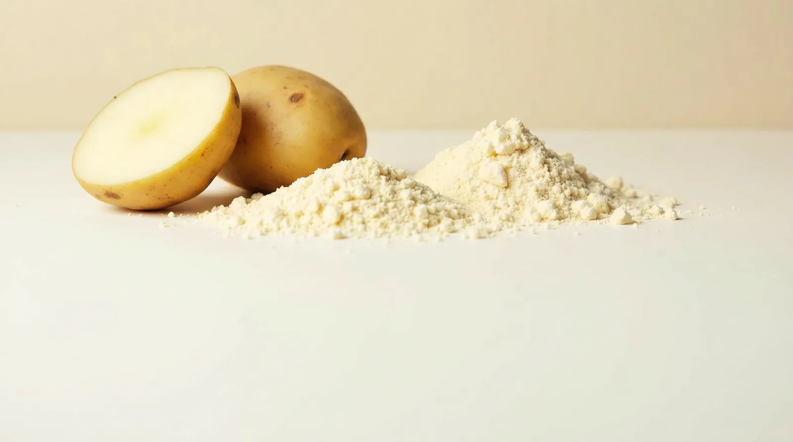 Whole and halved raw potato beside a pile of pale potato protein isolate powder on a white surface