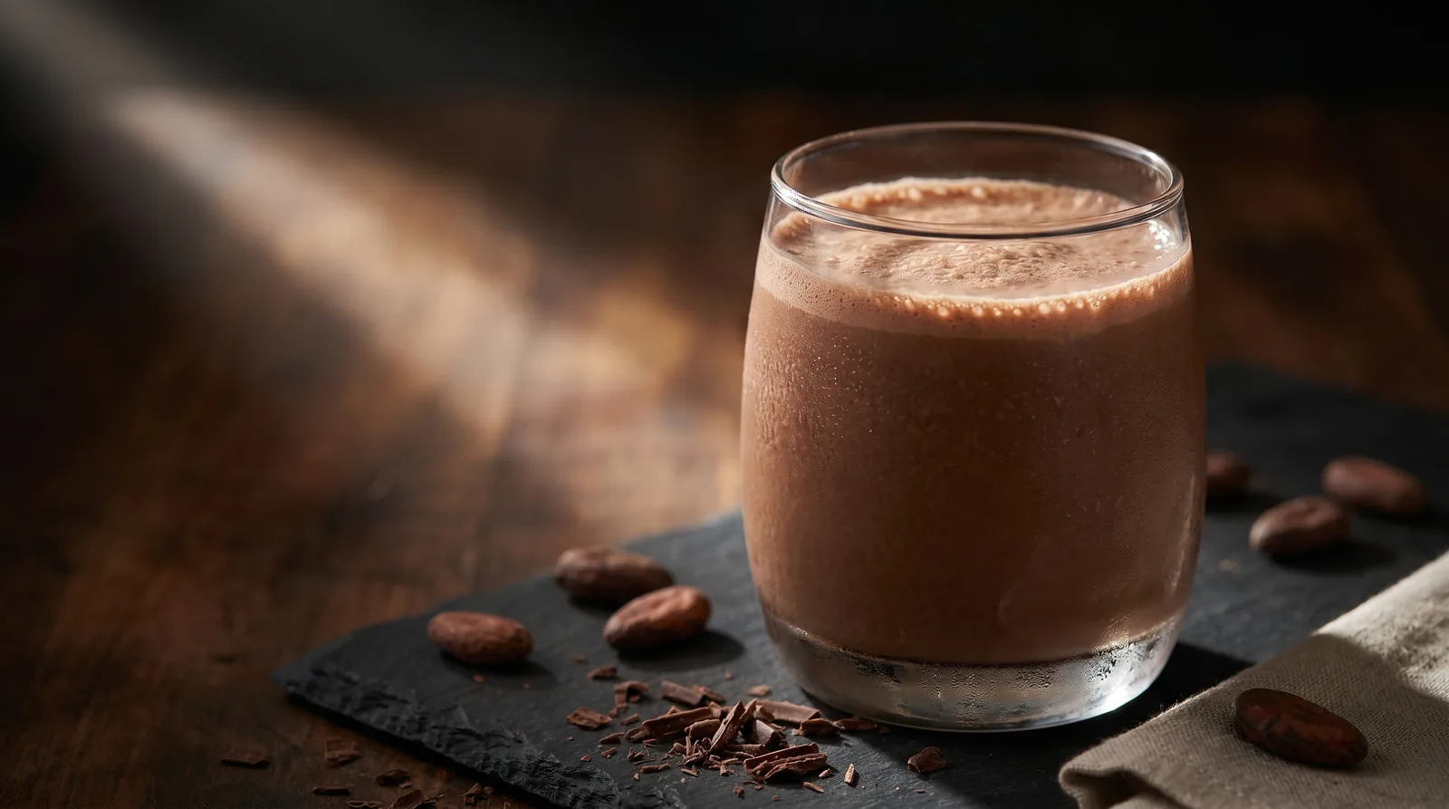Glass of chocolate milk on slate with cocoa beans and chocolate shavings, framed as a muscle-recovery drink