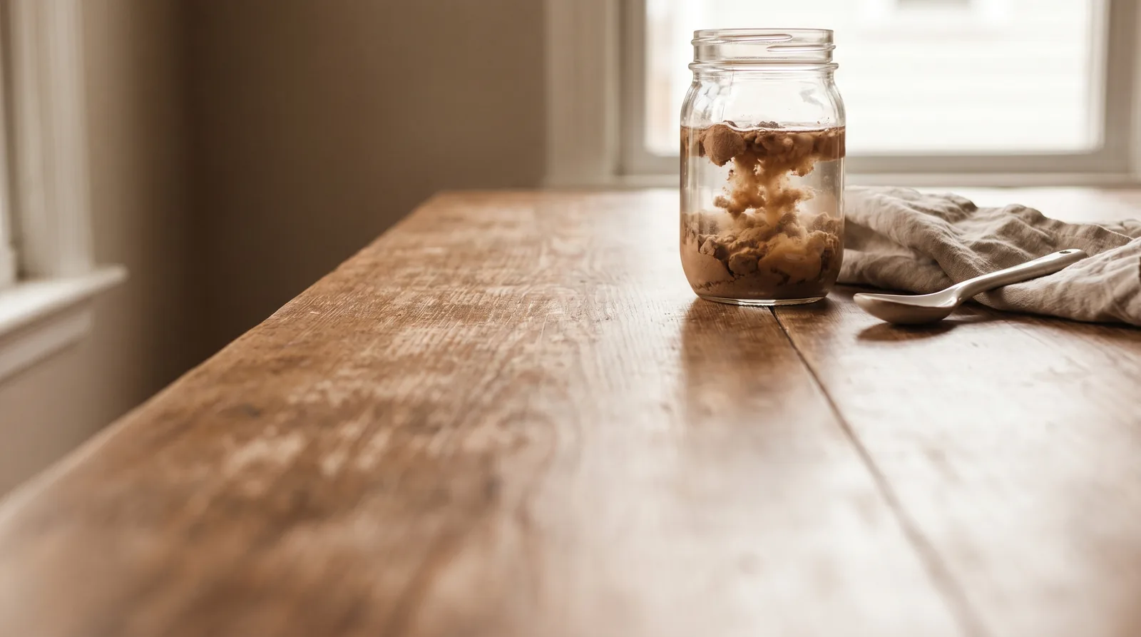 Glass mason jar of clumpy chocolate protein powder mixed in liquid on a wood table, spoon and cloth beside it