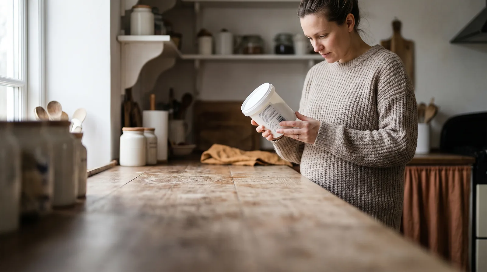 Pregnant woman in a kitchen reading the label on a tub of protein powder before buying