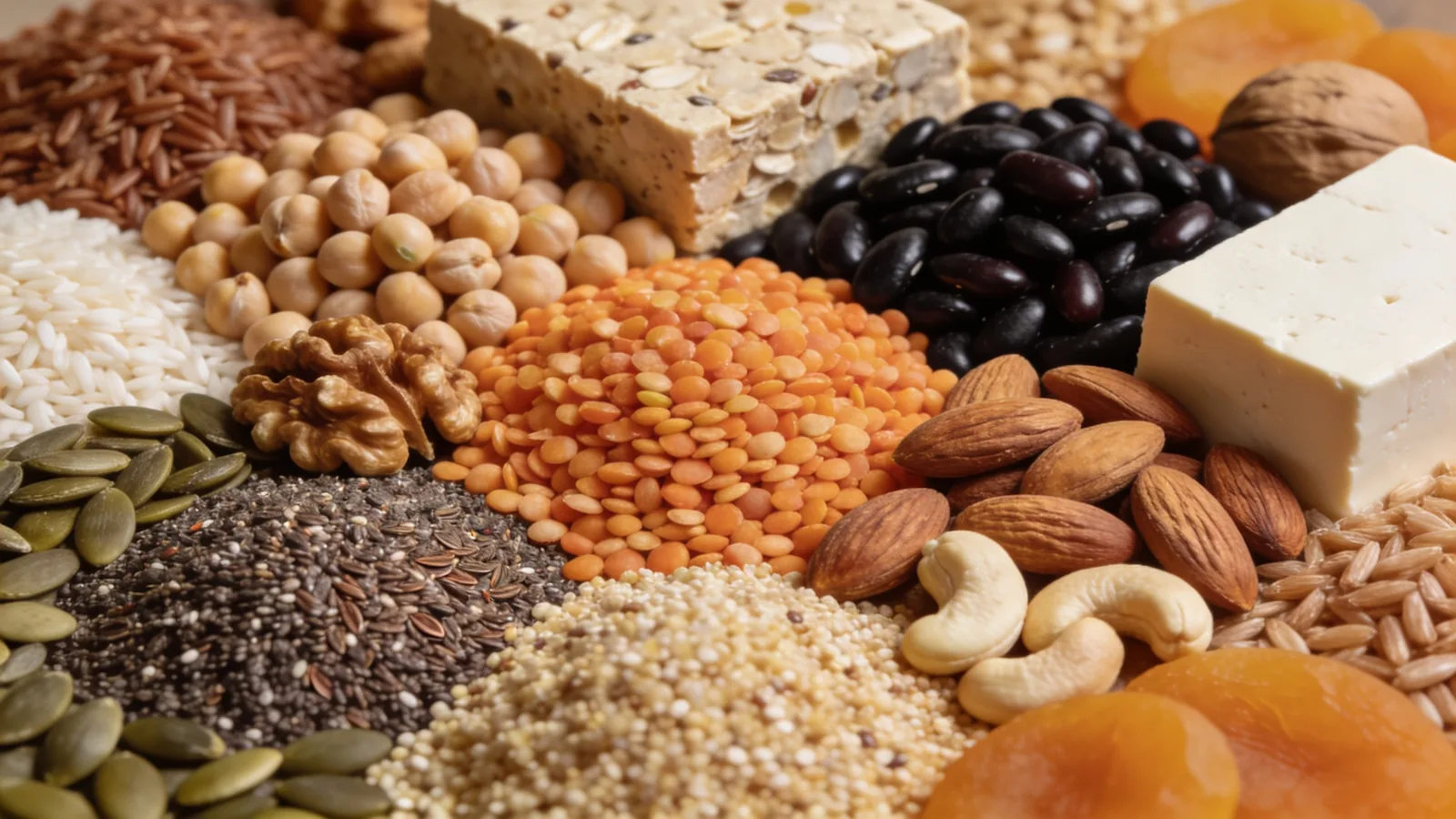 Cheap vegan protein sources: lentils, chickpeas, black beans, tofu, quinoa, almonds, seeds and grains