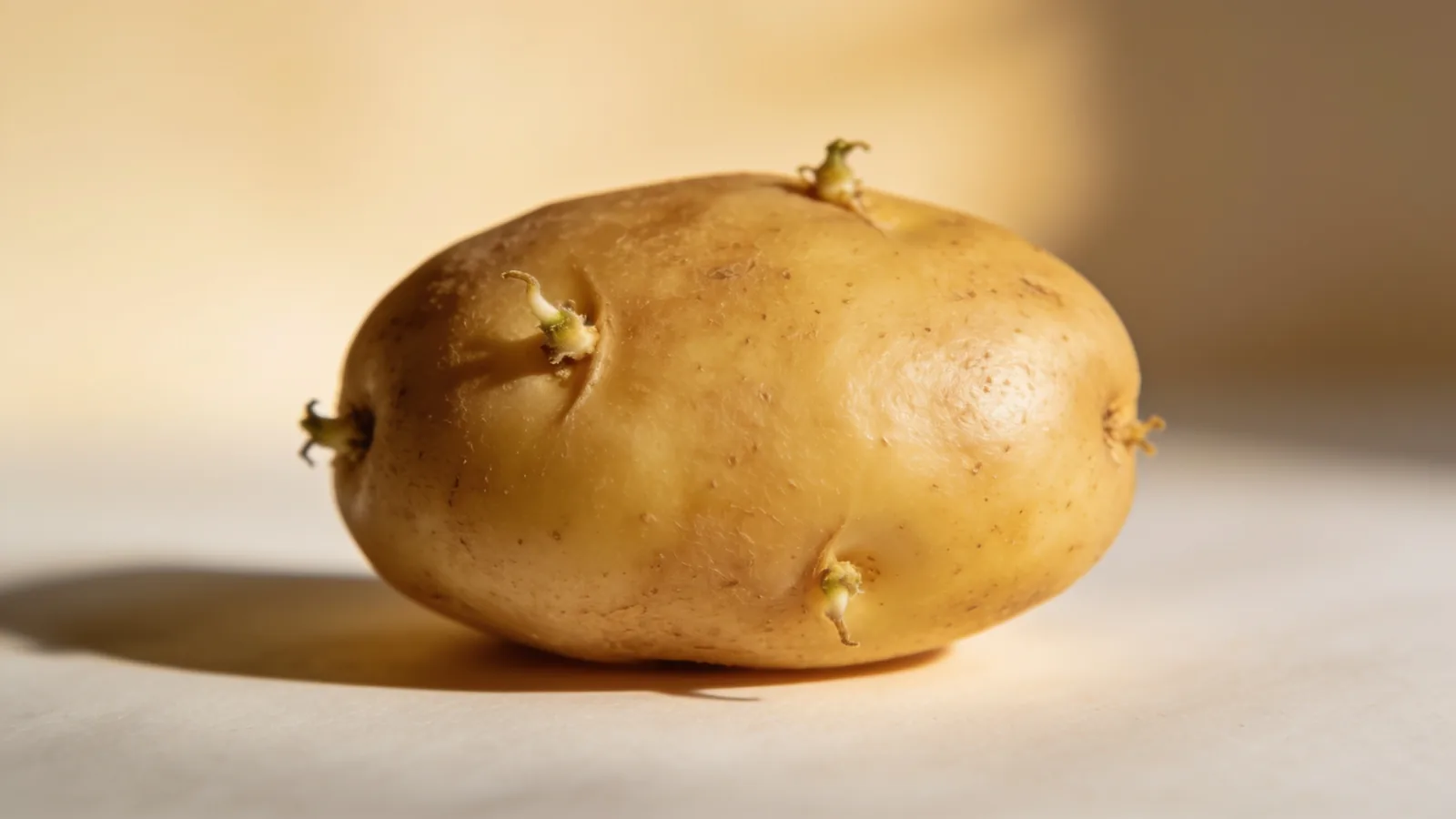 Whole raw potato with green sprouts emerging from its skin on a pale surface
