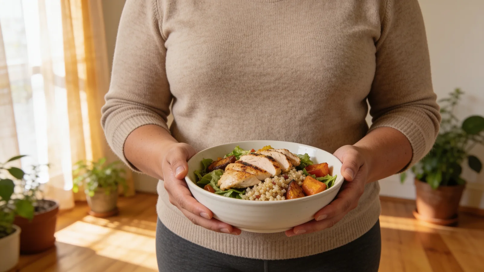 Person holding a bowl of sliced grilled chicken breast, quinoa, leafy greens and roasted squash