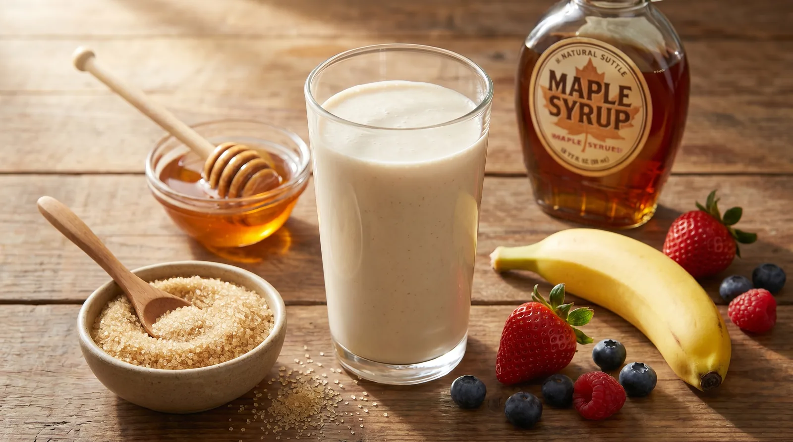 Protein shake by real-sugar sweeteners: maple syrup, honey, brown sugar, plus banana and fresh berries on wood