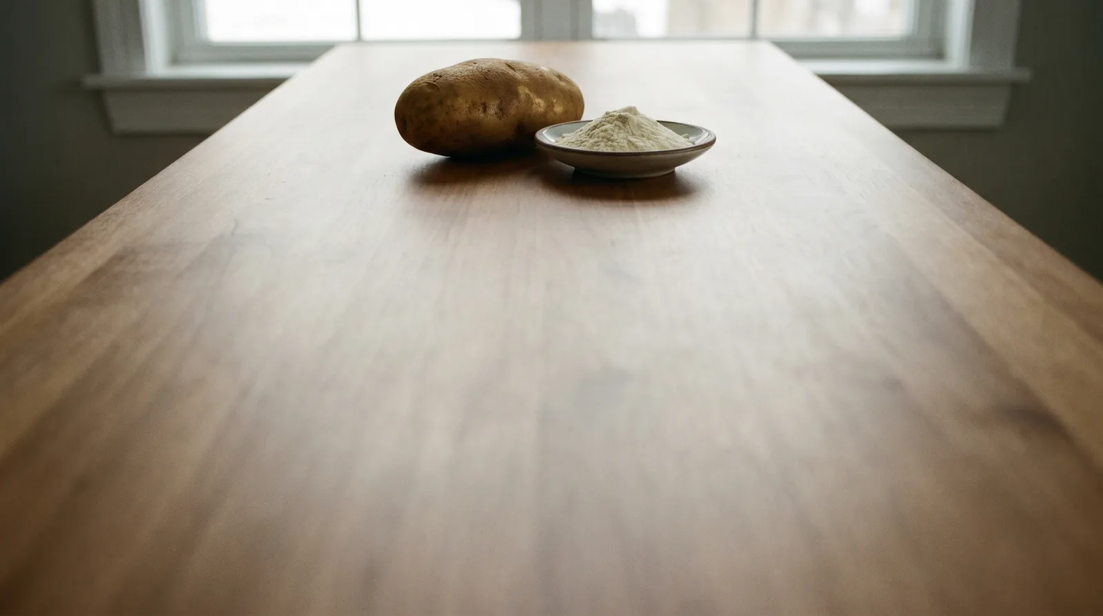 Whole raw potato beside a small dish of potato protein powder on a wooden table by a window