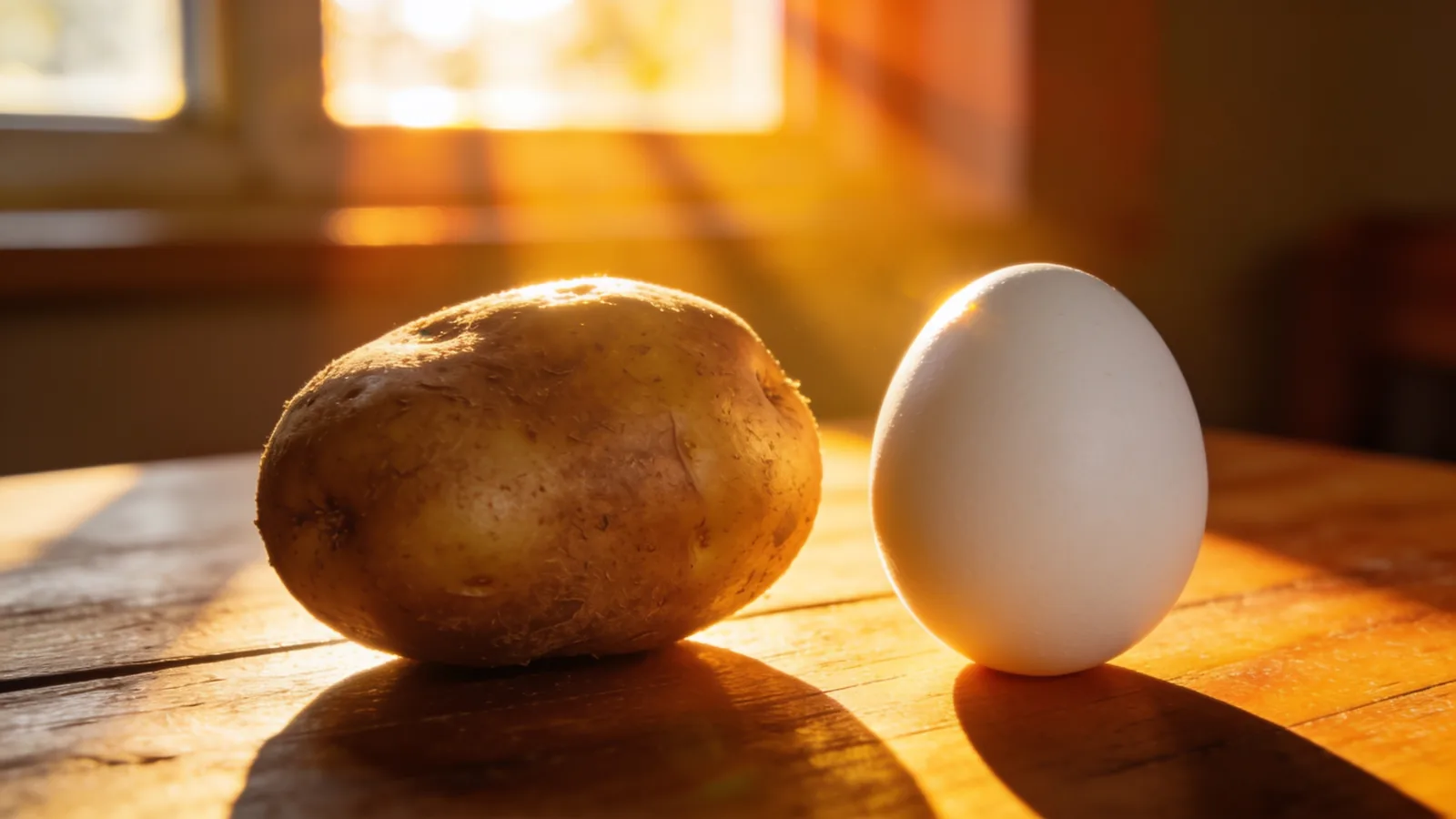 A whole raw potato beside a white egg on a wooden table, sized for protein comparison