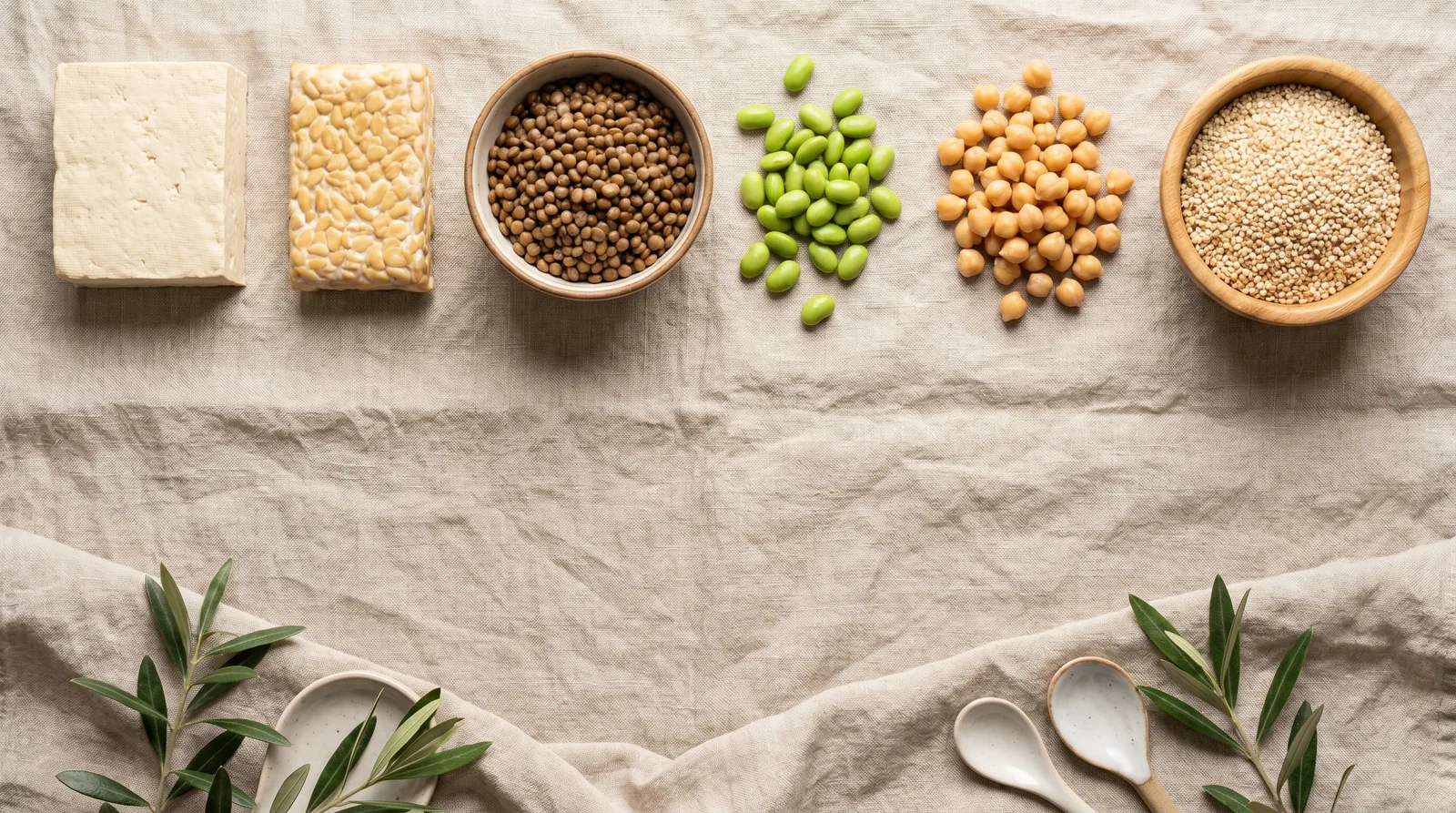 Tofu, tempeh, lentils, edamame, chickpeas and quinoa in bowls, plant protein sources for a vegan 100g day