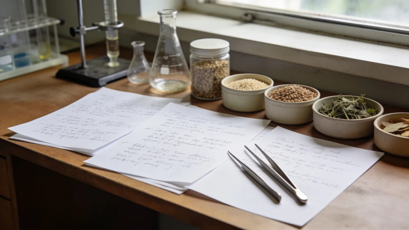Lab bench by a window with glass flasks, handwritten notes, tweezers, and bowls of seeds, grains, and dried herbs.