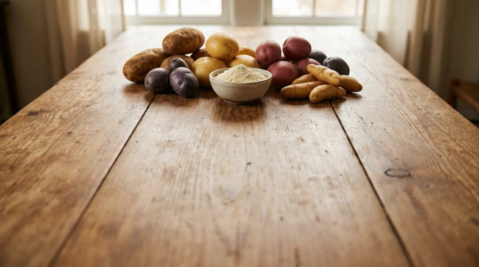 Russet, yellow, red, purple and fingerling potato varieties around a bowl of beige potato protein powder