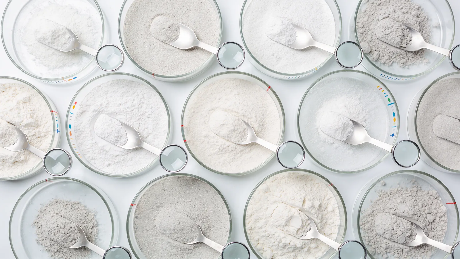 Glass dishes of various plant protein powders with scoops, arranged on white for gluten-free comparison