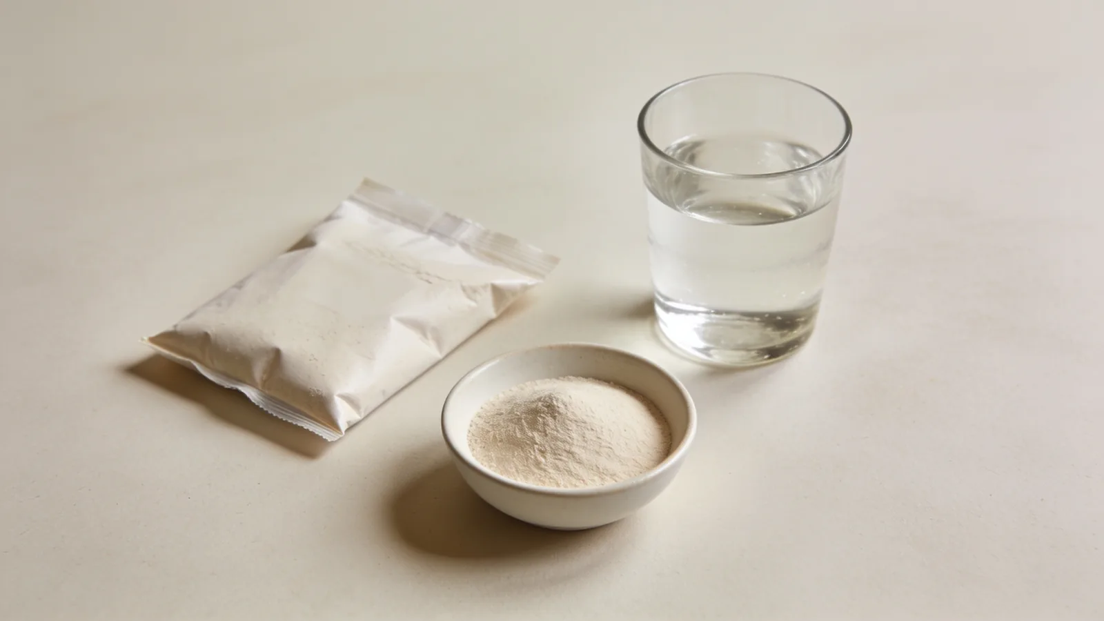 Single-ingredient protein isolate powder in a small bowl beside an unlabeled sachet and a glass of water