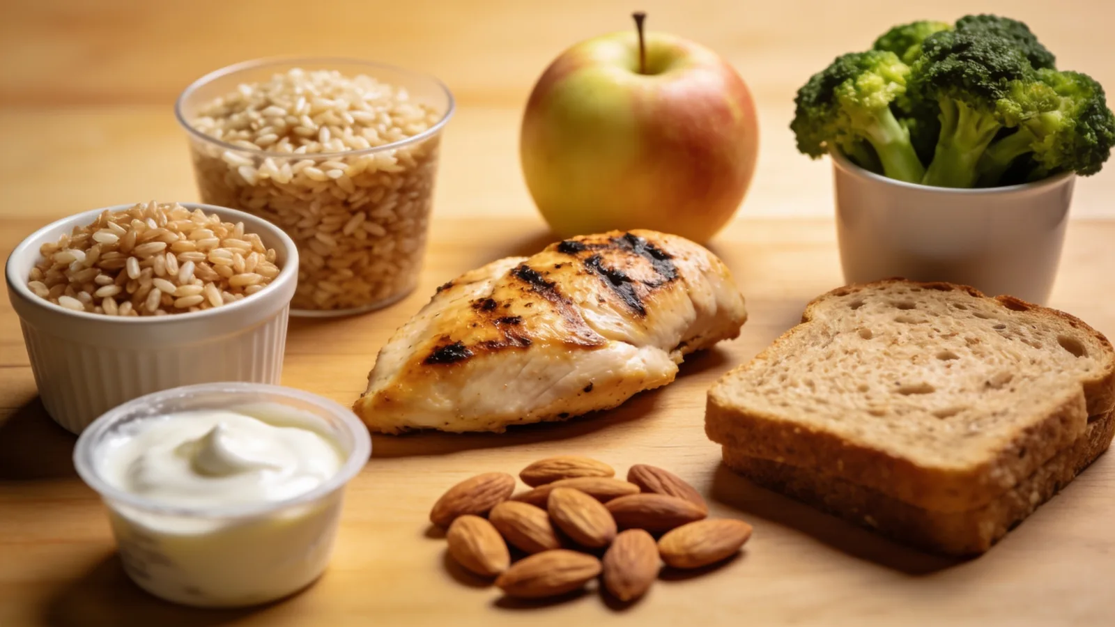 Grilled chicken breast, Greek yogurt, almonds, broccoli, brown rice, whole-grain bread and an apple on wood
