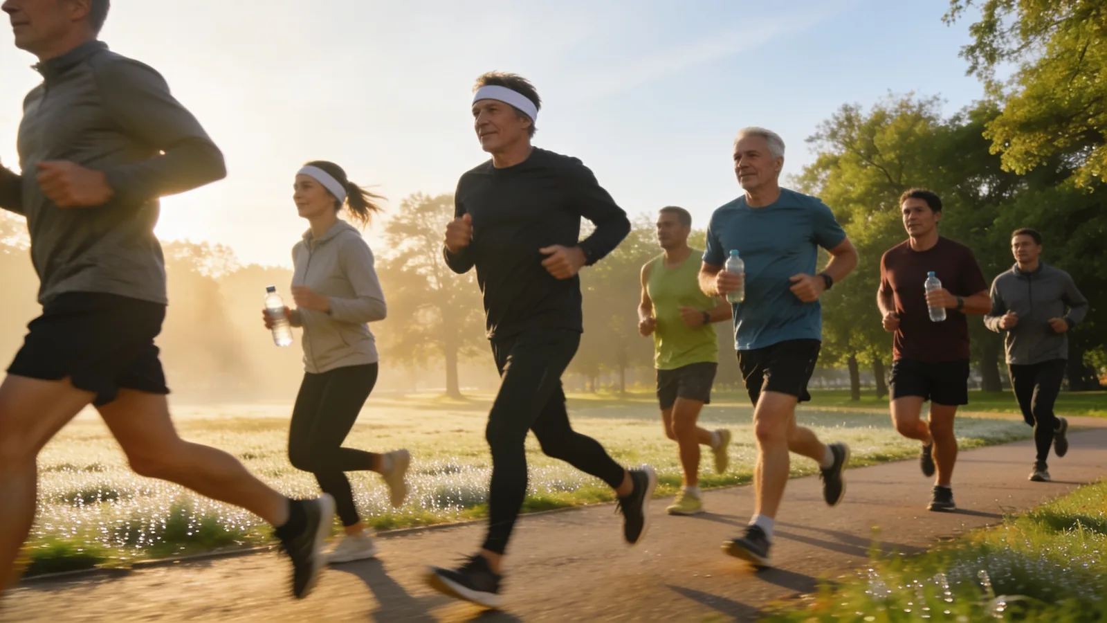 Group of adult endurance runners jogging on a park path at sunrise, several carrying water bottles