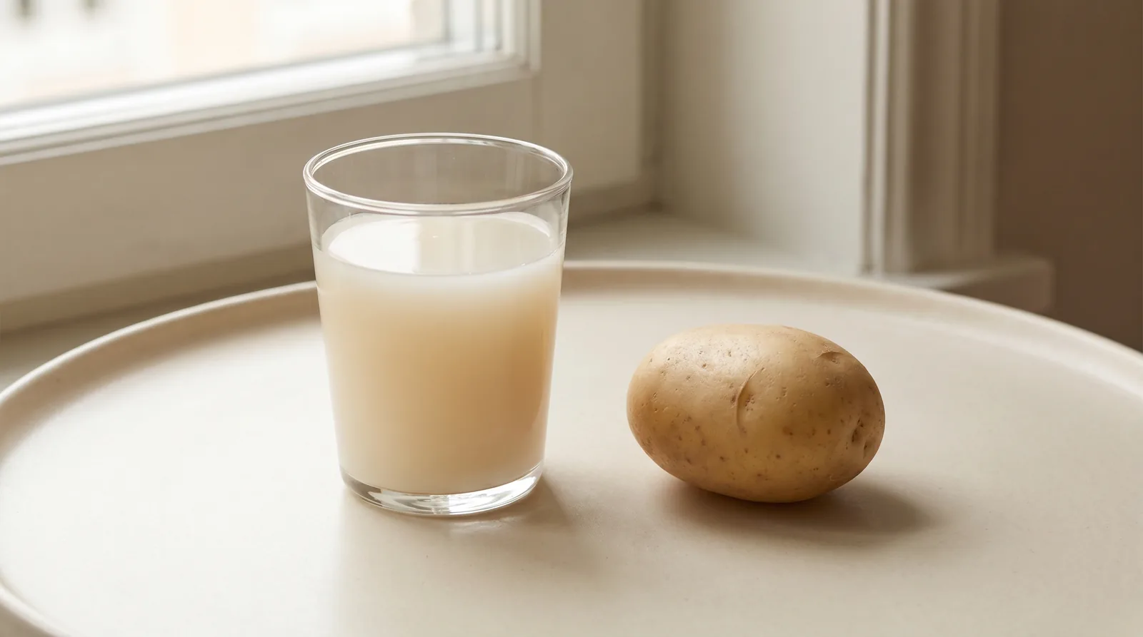 Glass of single-ingredient potato protein shake beside a whole raw potato on a table by a window