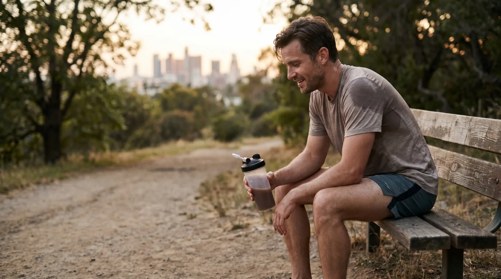 Runner resting on a trail bench at dusk holding a shaker bottle of protein shake after a run