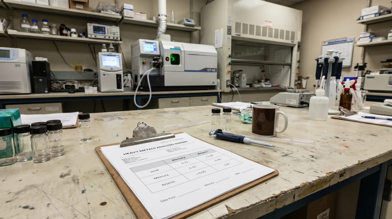 Lab bench with a heavy metals analysis report on a clipboard, sample vials, pipettes, and an ICP spectrometer for testing lea