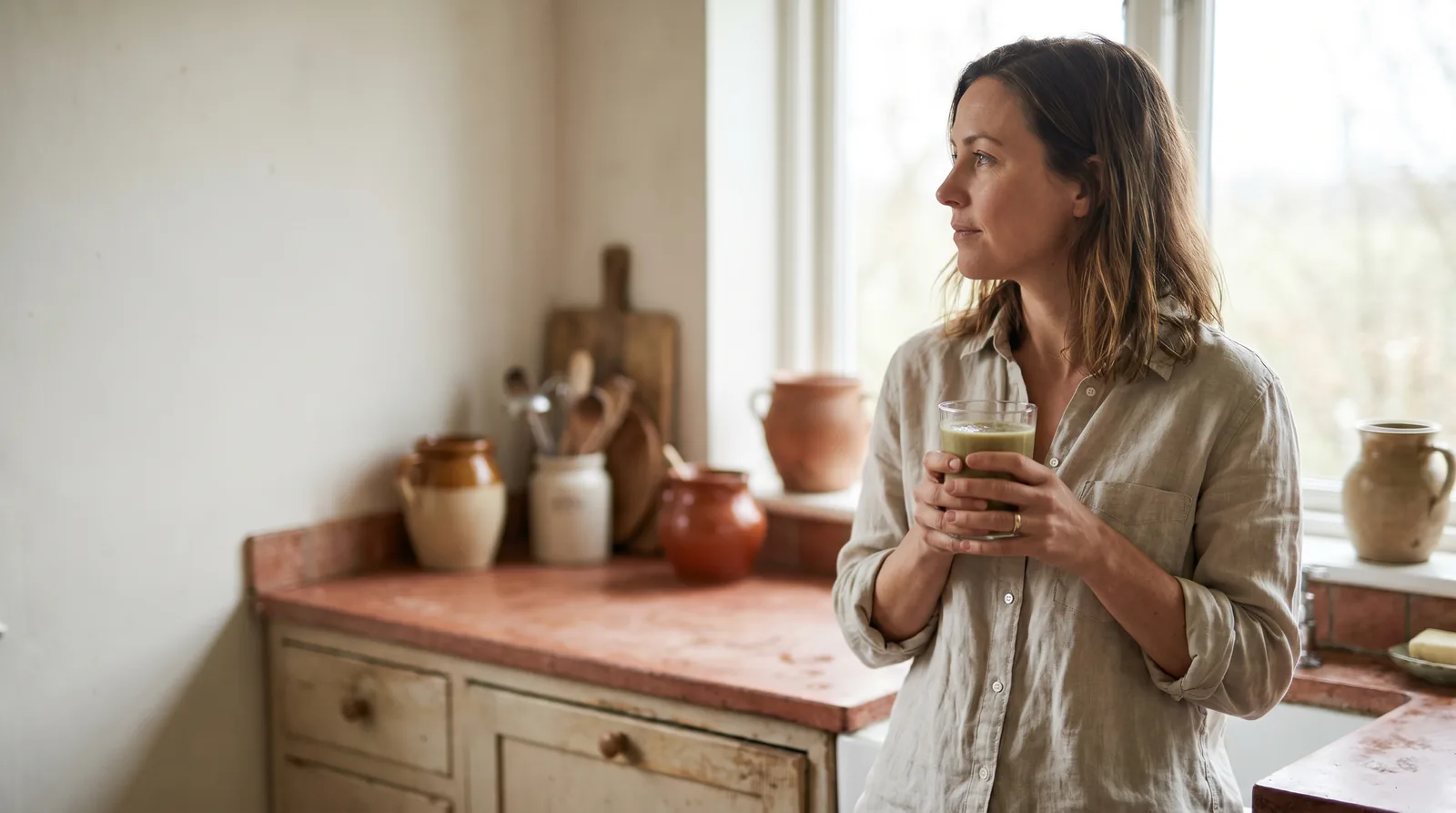Woman in a rustic kitchen holding a green protein smoothie made with no-added-sugar protein powder